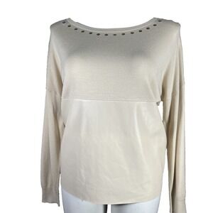 LIU JO Milano Sweater LARGE Cream Gold Eyelet Mixed Media Knit Pleather Drop